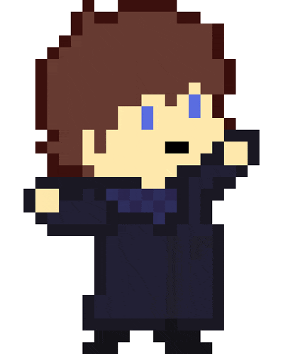 a pixel art drawing of a man with brown hair and blue eyes