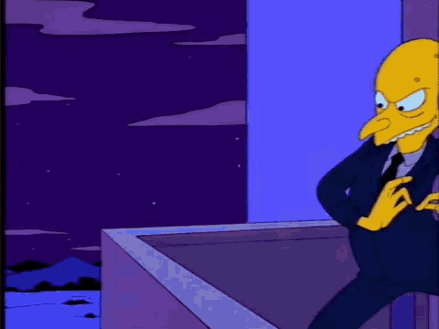 a cartoon character in a suit and tie stands on a balcony at night