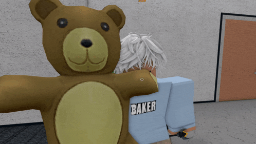 a person wearing a blue shirt that says baker is standing next to a teddy bear