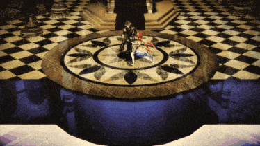 a man and a woman are standing in a room with a checkerboard floor