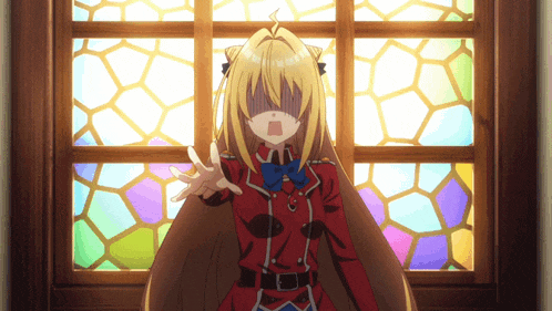 a girl in a red uniform is standing in front of a window with a stained glass design