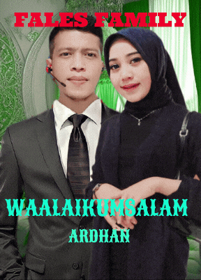 a man in a suit and tie stands next to a woman in a hijab with the words " fales family " on the top