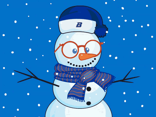 a snowman wearing glasses and a hat with a b on it