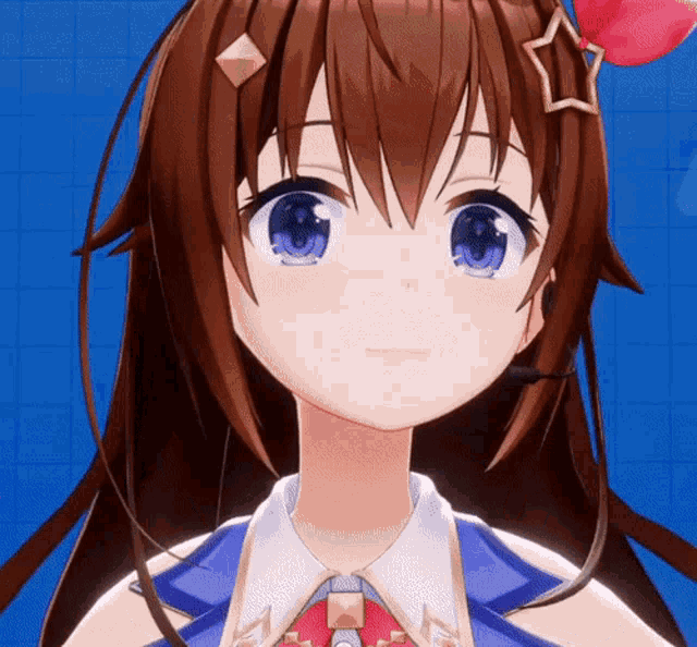 a close up of a brown haired anime character with blue eyes