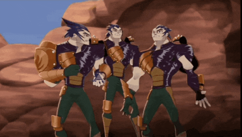 three cartoon characters are standing next to each other in a desert