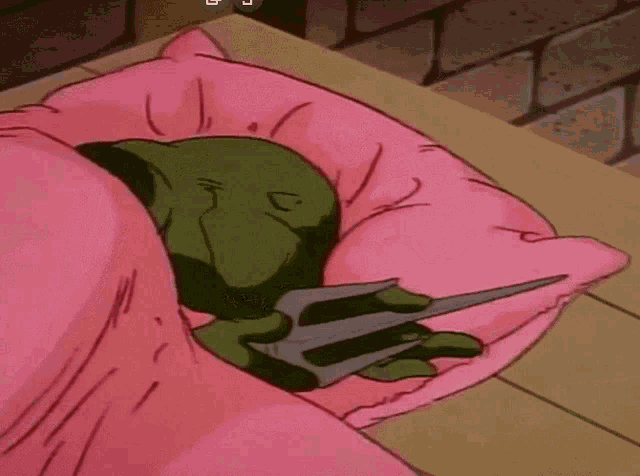 a teenage mutant ninja turtle is sleeping on a pink pillow