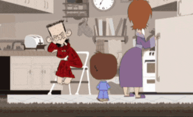 a cartoon of a family in a kitchen with a clock on the wall that shows the time as 7:20