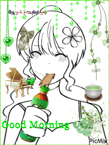 a drawing of a girl drinking from a green bottle with the words good morning written on it