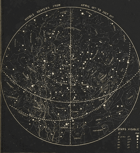 a black and white map of the night sky with the words visible heavens from april 10th to july 21th