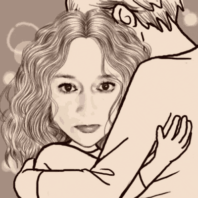 a drawing of a woman hugging a man .