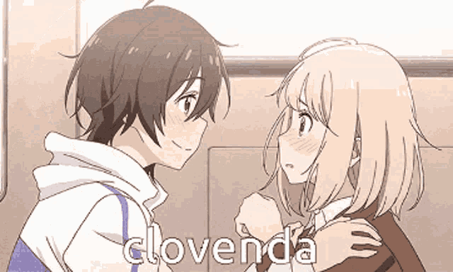 a boy and a girl are looking at each other with the word cloverda written below them