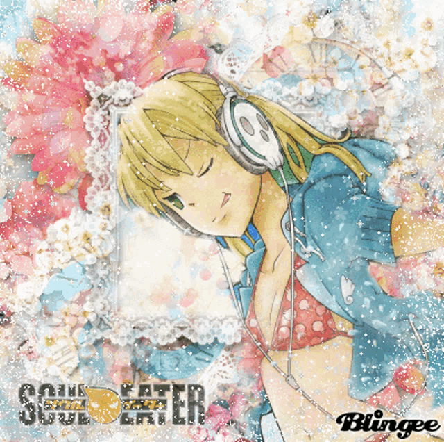 a picture of a girl with headphones and the word blingee on the bottom right