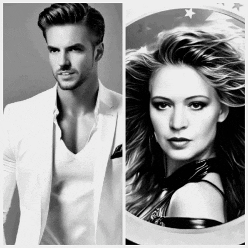 a man in a white suit and a woman in a black and white photo
