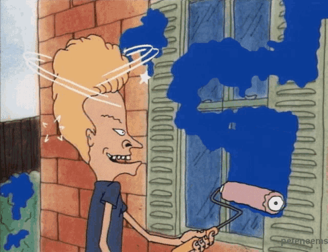 a cartoon of beavis painting a window with a roller