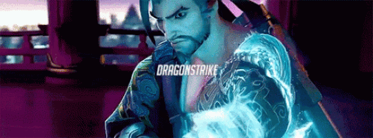 a man with a beard is holding a sword in a video game and the word dragonstrike is on the screen .