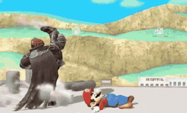 a video game scene with mario laying on the ground and a hospital in the background