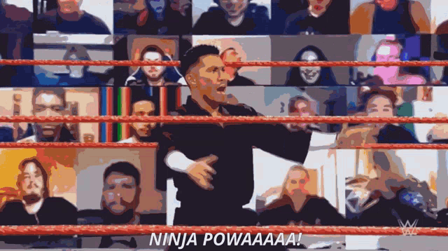 a cartoon of a man in a wrestling ring with the caption ninja powaaa