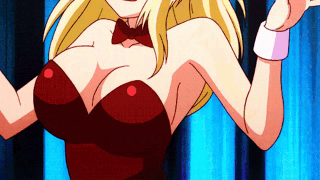 a blonde anime girl in a red bunny suit