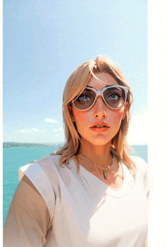 a woman wearing sunglasses and a necklace is looking at the camera .