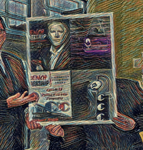 a painting of a man holding a newspaper that says ench leadership on it