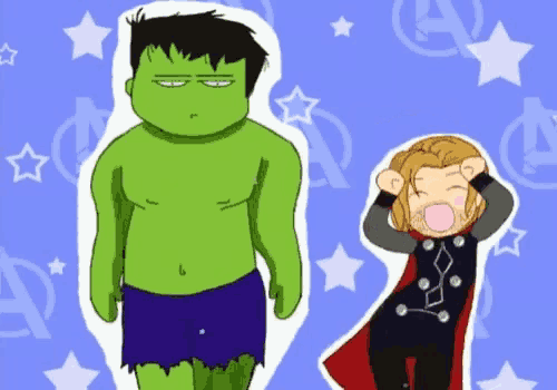 hulk and thor are standing next to each other in a cartoon