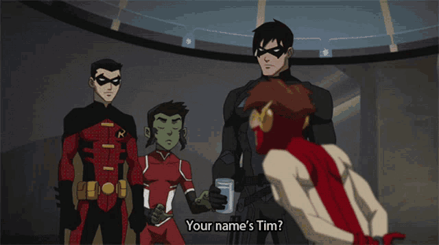 a group of cartoon characters including robin and the flash talking to each other