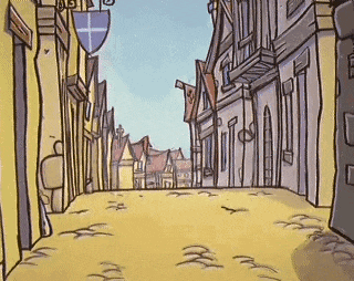 a cartoon drawing of a narrow street lined with buildings
