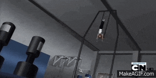 a cartoon of a woman falling off a trampoline in a gym .