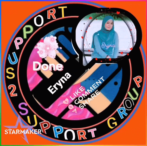 a picture of a woman in a blue hijab is in the center of a support group logo