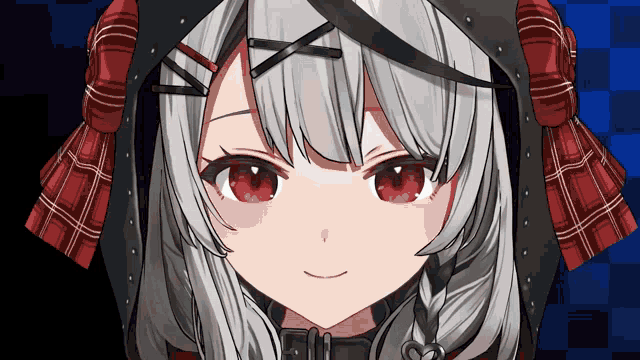 a girl with gray hair and red eyes is wearing a black hoodie