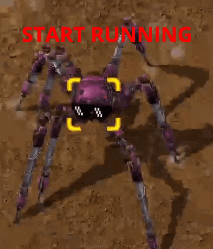 a purple robot wearing sunglasses is running in the dirt with the words start running behind it