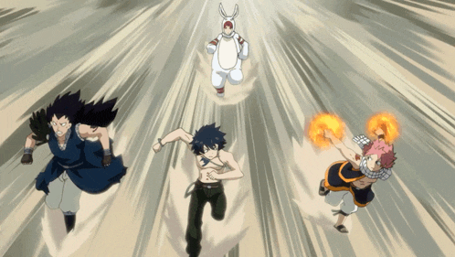 a group of anime characters are running in a line