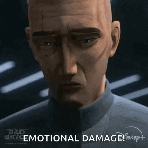 a close up of a cartoon character with emotional damage on his face .