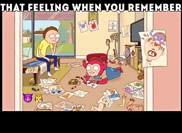 a cartoon with the words that feeling when you remember at the bottom