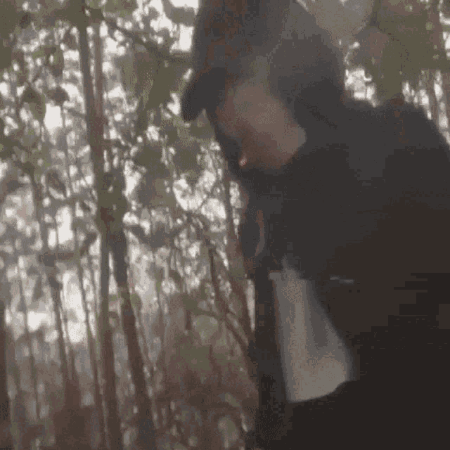 a person is smoking a cigarette in the woods
