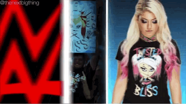 a woman wearing a twisted bliss t-shirt is standing next to a man
