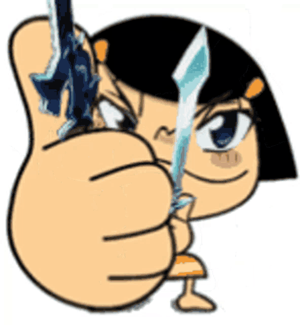 a cartoon girl is holding a sword and giving a thumbs up sign