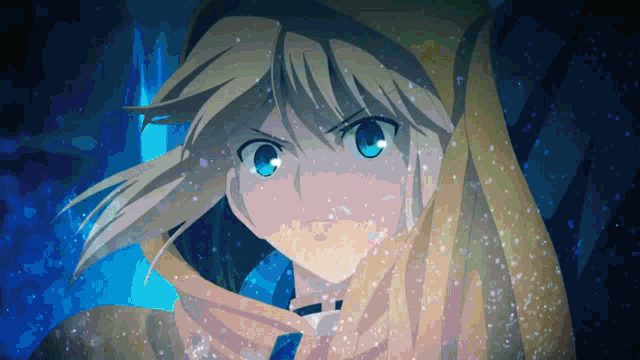 a blonde anime character with blue eyes and a yellow hood