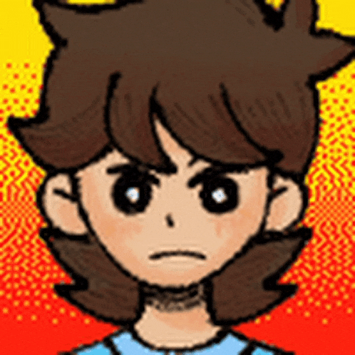 a cartoon of a boy with brown hair and a blue shirt with a serious look on his face .