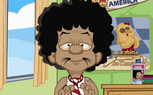 a cartoon character stands in front of a sign that says " america "