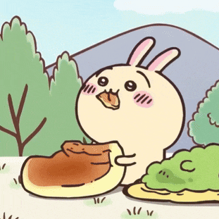 a cartoon of a bunny eating a pancake with a mountain in the background
