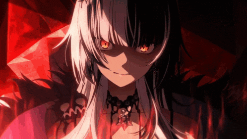a black and white anime character with red eyes and a choker