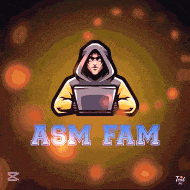 a logo for asm fam shows a man holding a laptop