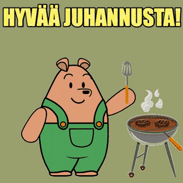 a cartoon of a bear cooking on a grill with the words hyvää juhannusta written below him