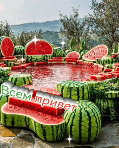 a pool of watermelons with the words " всем привет " written on the bottom
