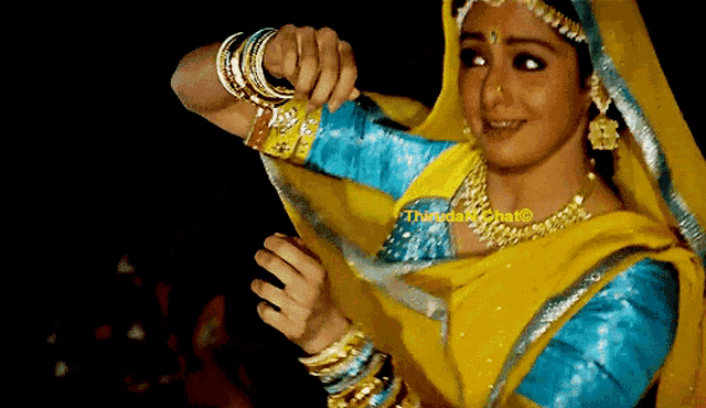 a woman in a yellow and blue dress with the word thursday chat written on the bottom