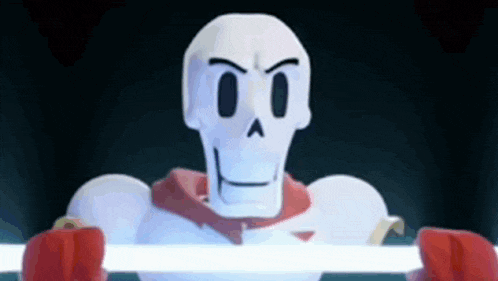 papyrus from undertale is holding a light in his hands and looking at the camera .