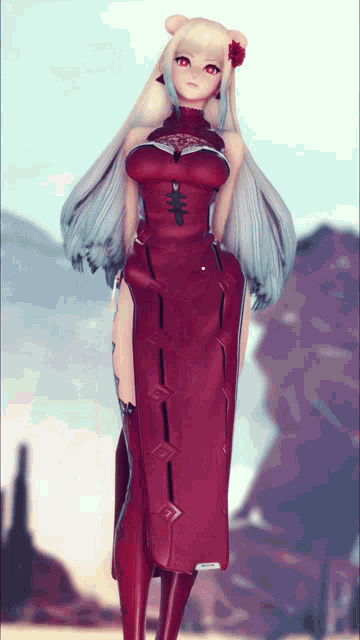 a girl with long white hair wearing a red dress