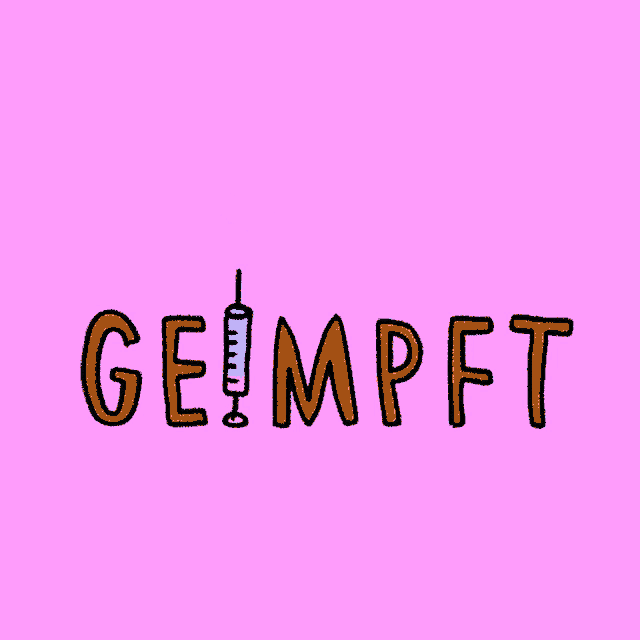 a pink background with the word geimpft and a syringe
