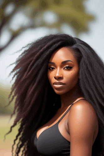 a woman with very long dark hair is wearing a black bra